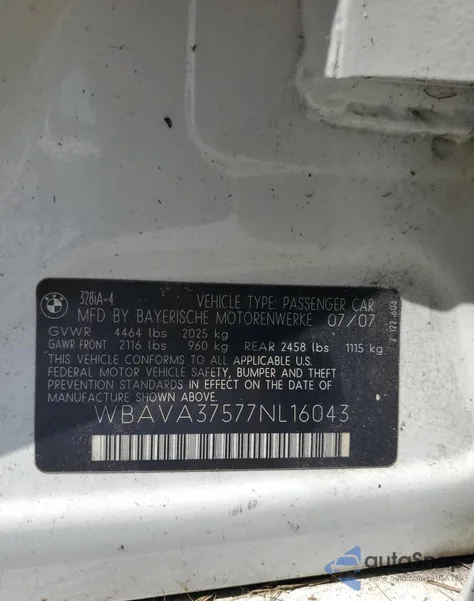 2007 BMW 328 I from USA, damaged, VIN WBAVA37577NL16043